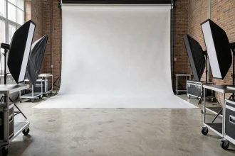 Intérieur du studio photo professionnel Locama à La Roche-sur-Yon avec fond blanc et équipements modernes