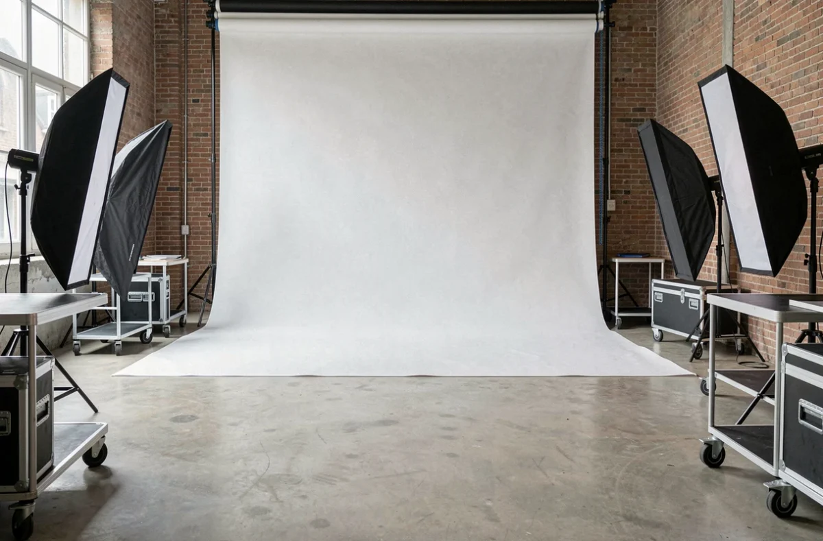 Intérieur du studio photo professionnel Locama à La Roche-sur-Yon avec fond blanc et équipements modernes