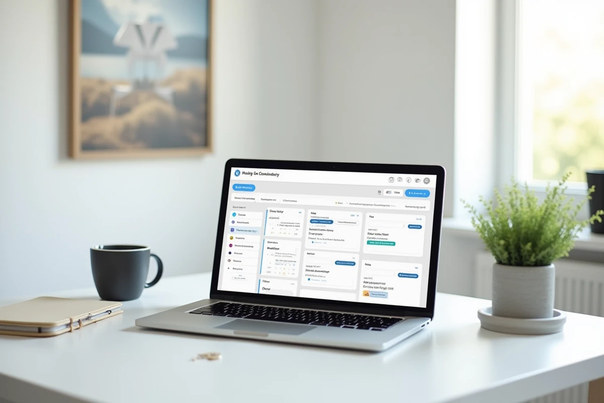 Tableau de bord de gestion de location saisonnière sur un ordinateur portable avec calendrier de réservations et notifications automatisées