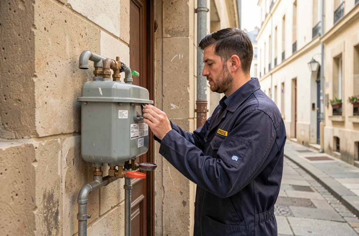 Technicien vérifiant un compteur de gaz à l'entrée d'un immeuble