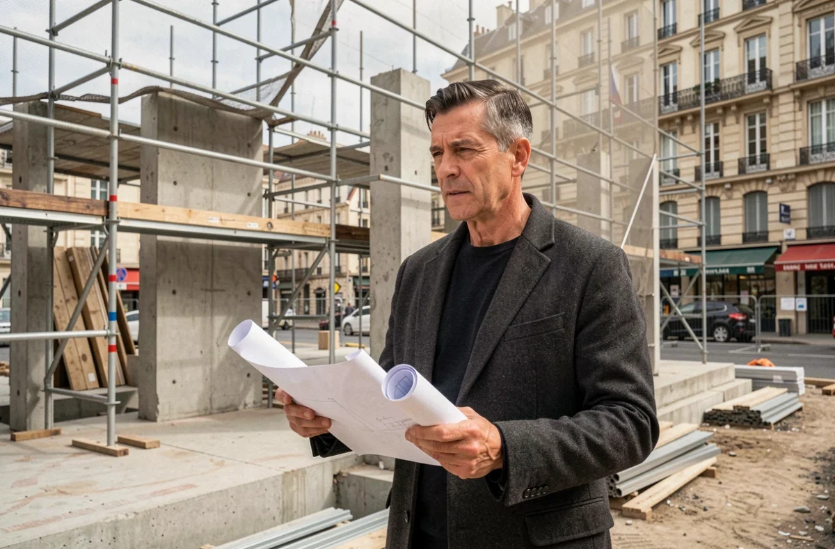 Architecte de Tectoniques Architectes à Lyon sur un chantier de construction en béton brut avec les plans du projet