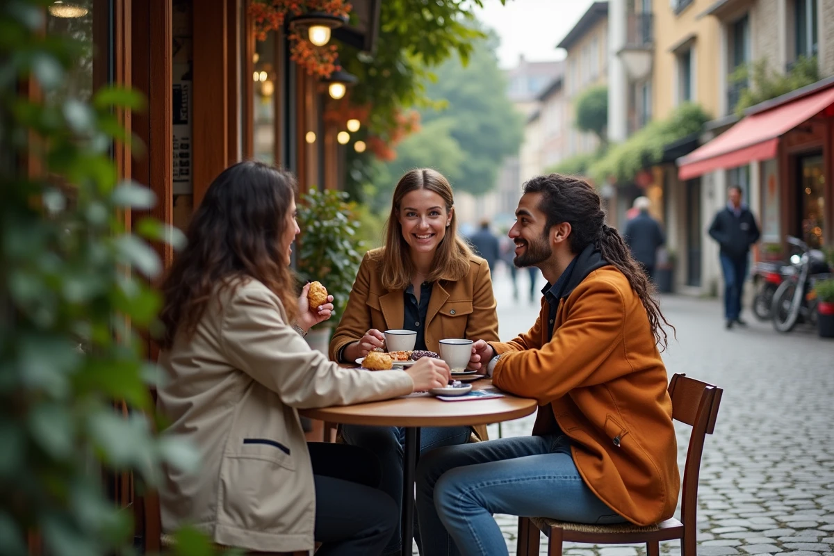 Groupe d'amis attablés en terrasse dans une rue piétonne verdoyante du quartier Île Verte à Grenoble
