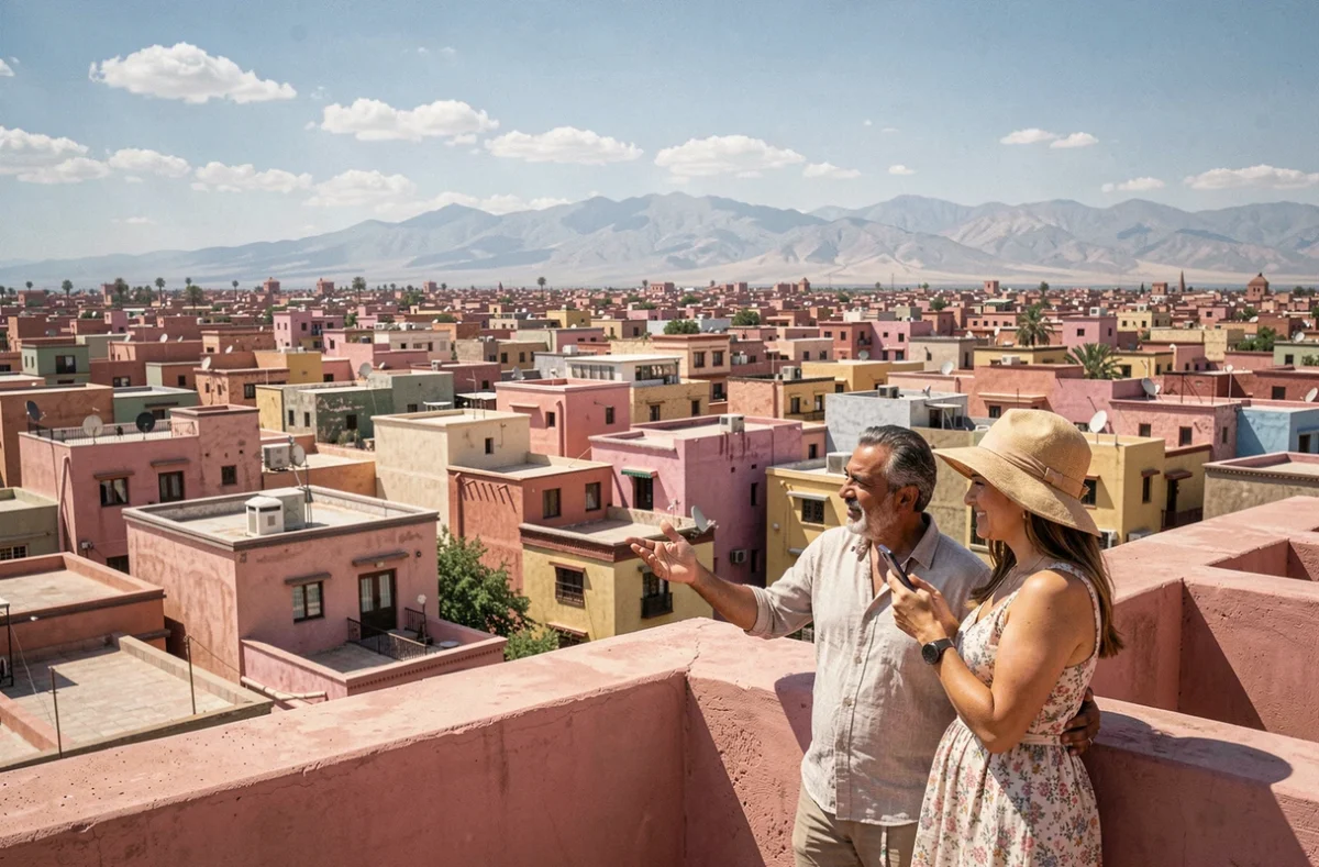 Couple sur une terrasse de toit d'appartement en médina avec vue panoramique sur les toits de Marrakech et l'Atlas