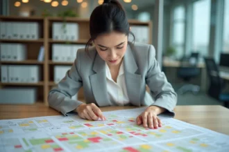 Urbaniste étudiant une carte de zonage colorée du géoportail de l'urbanisme sur un bureau en bois dans un bureau municipal