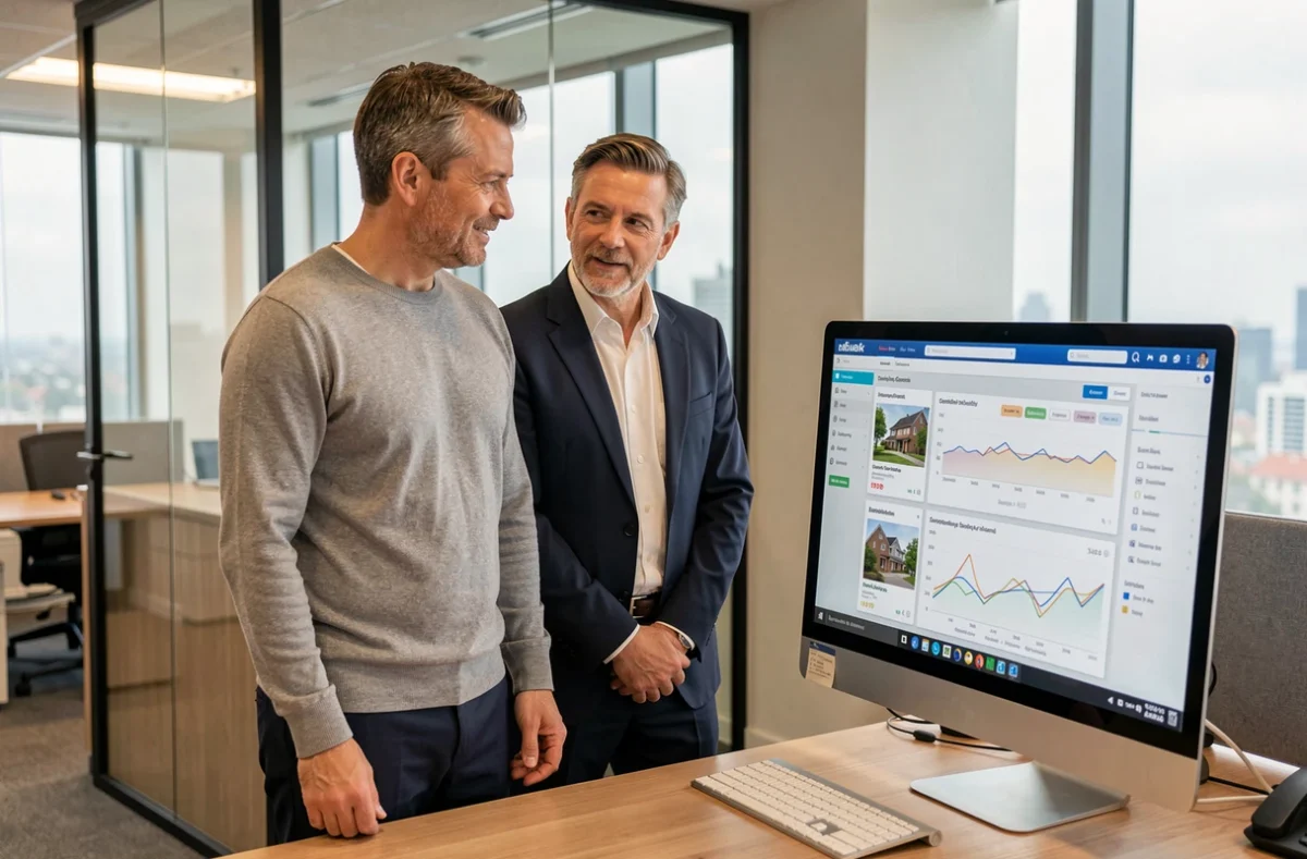 Vendeur hésitant et agent immobilier examinant ensemble un logiciel immobilier professionnel dans une agence moderne