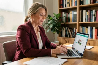 Vendeuse immobilière rassurée consultant un logiciel immobilier sur son ordinateur portable dans un bureau à domicile