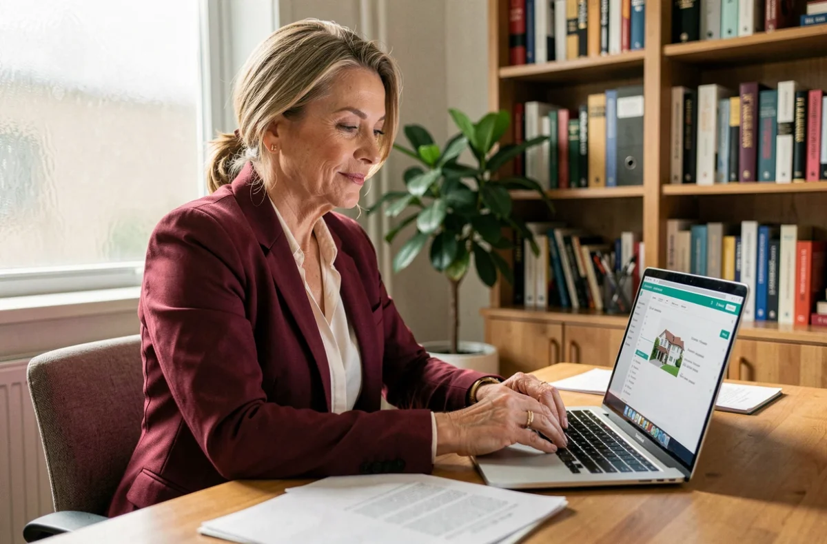 Vendeuse immobilière rassurée consultant un logiciel immobilier sur son ordinateur portable dans un bureau à domicile