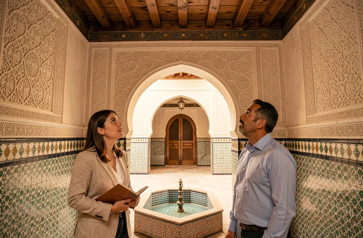 Femme européenne visitant un appartement de riad traditionnel avec agent immobilier dans la médina de Marrakech