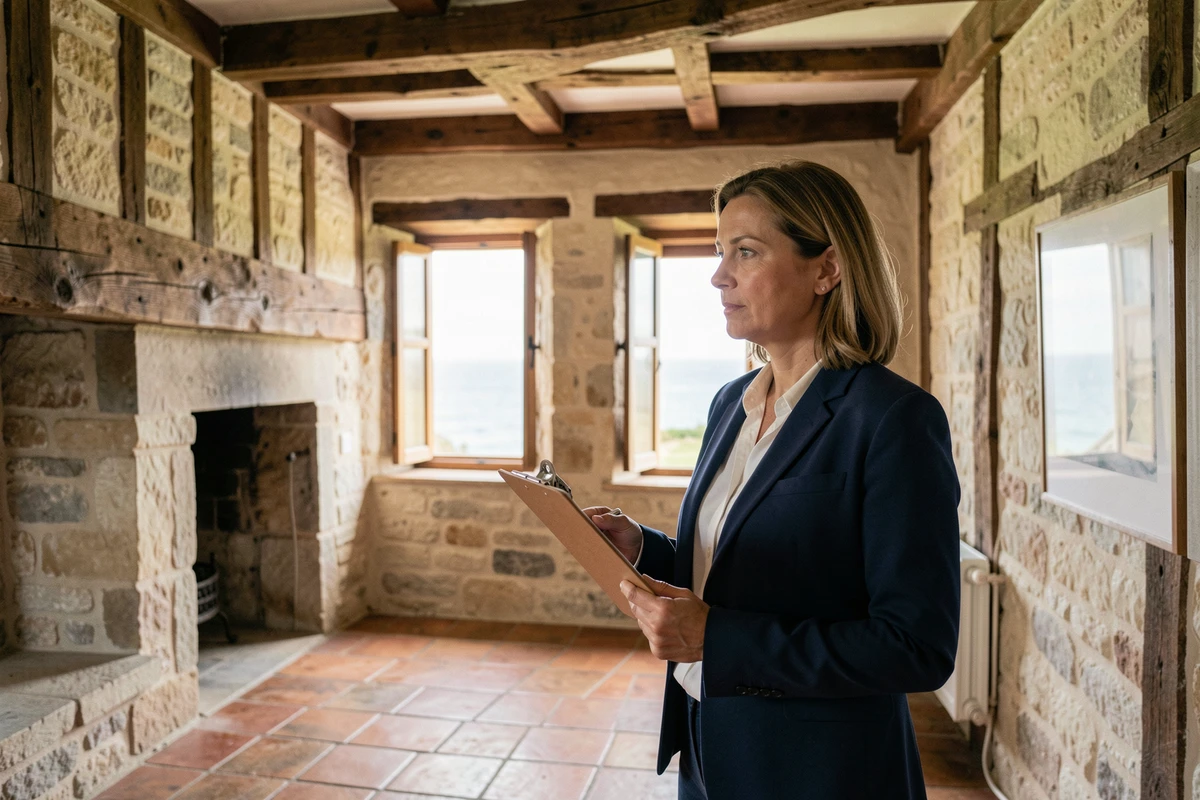 Agent immobilier inspectant l'intérieur d'une maison normande avec poutres apparentes et cheminée en pierre