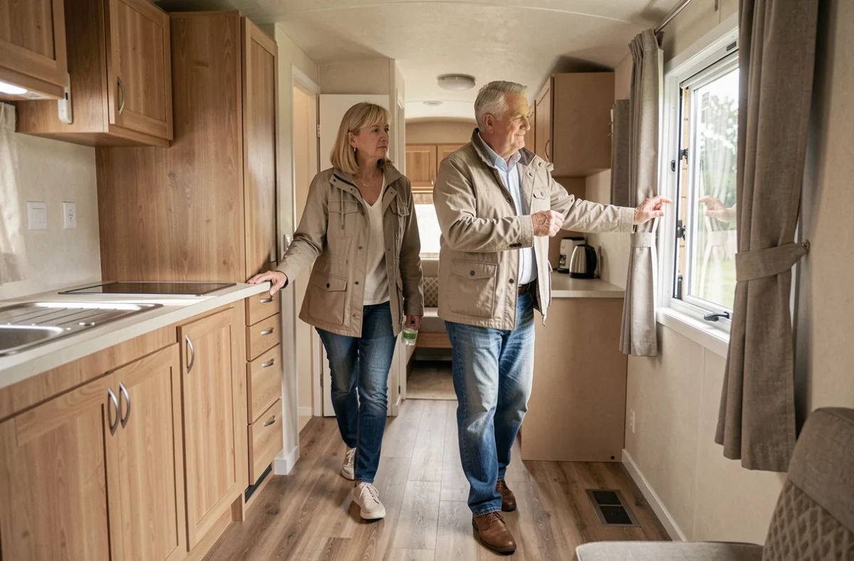 Un couple visite l'intérieur d'un mobil home d'occasion lors d'un rachat entre particuliers