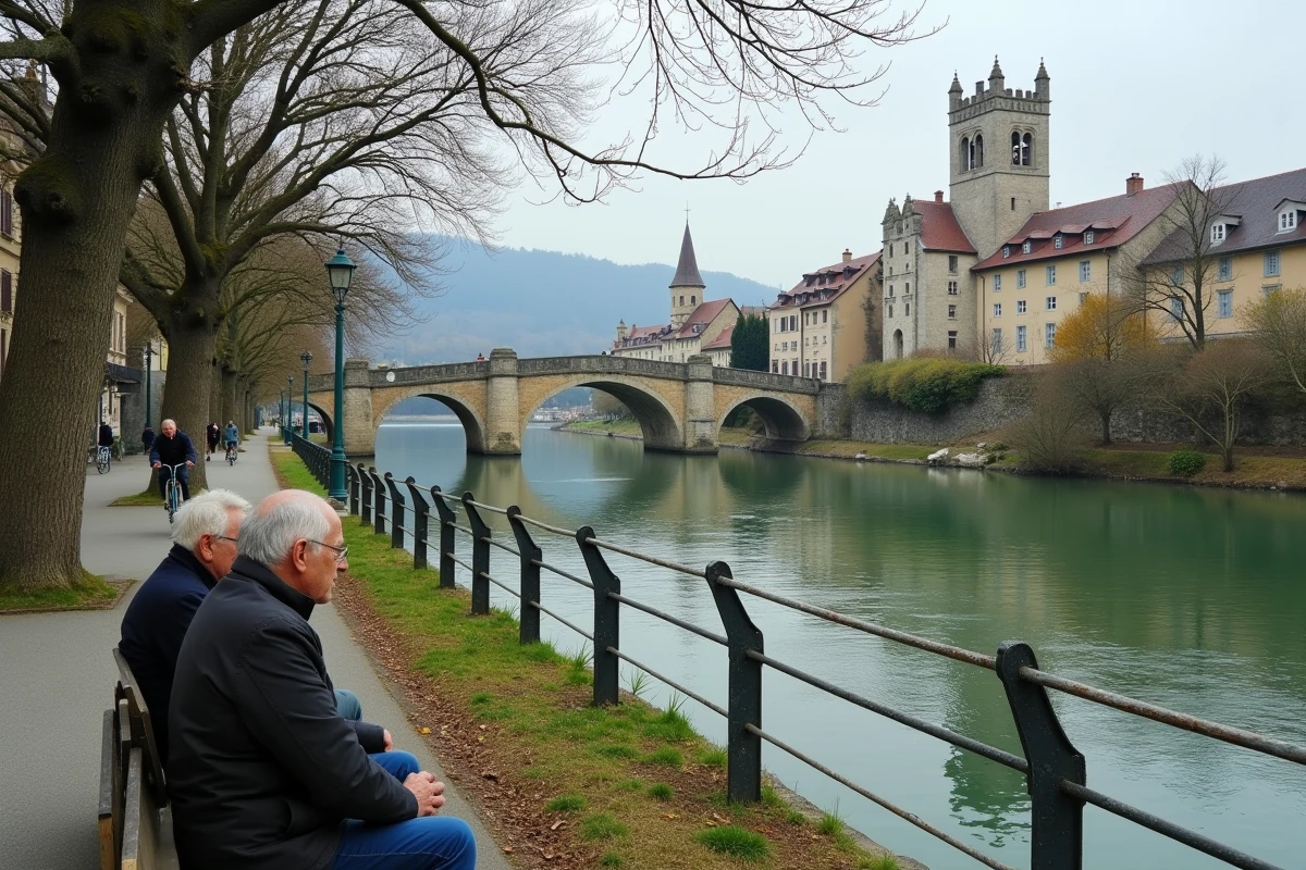 Vue panoramique de Romans-sur-Isère depuis les bords de l'Isère, vieux pont médiéval et vieille ville historique, promenade paisible en bord de rivière